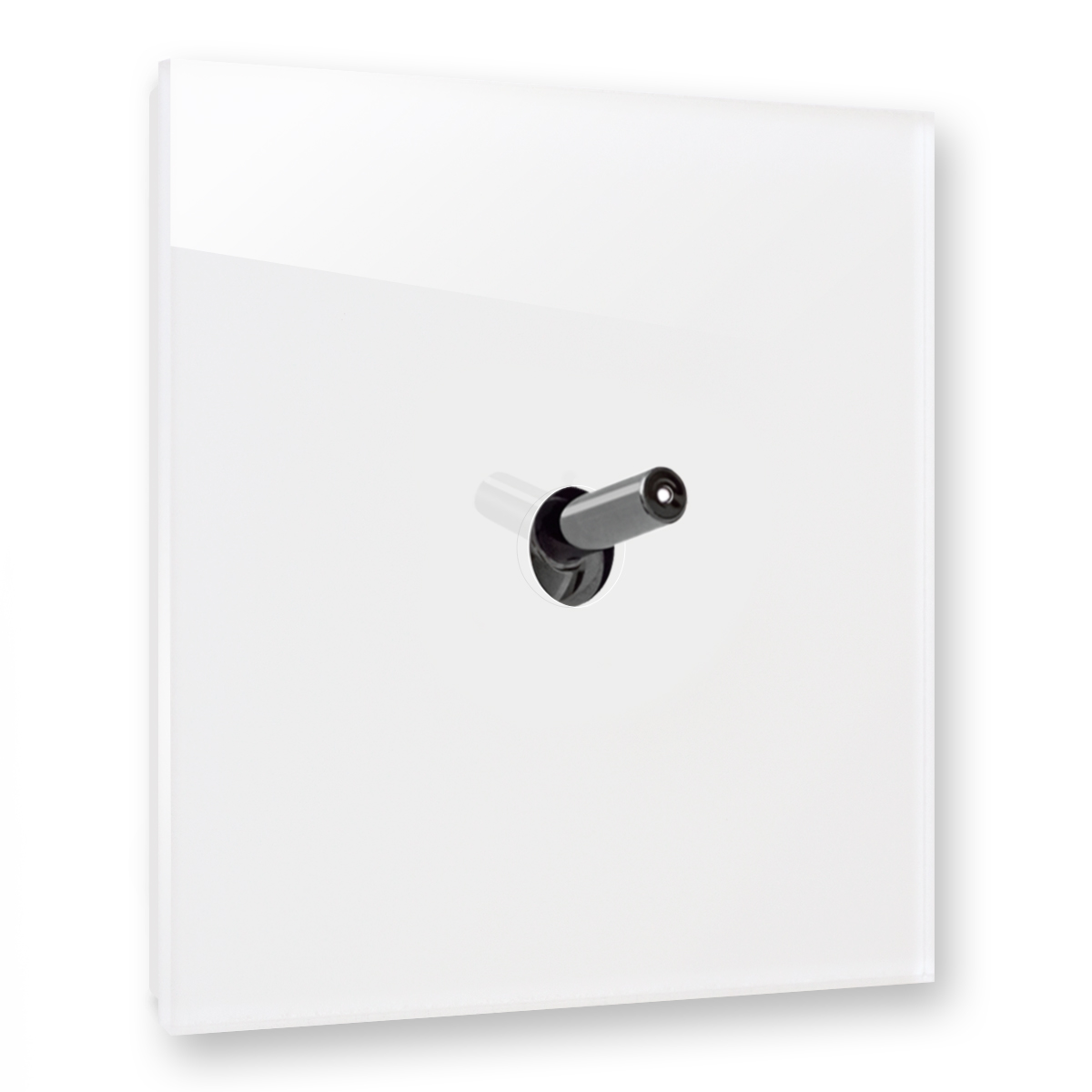 Modern illuminated design light switch in white glass optic with 1 chrome toggle lever. YORK