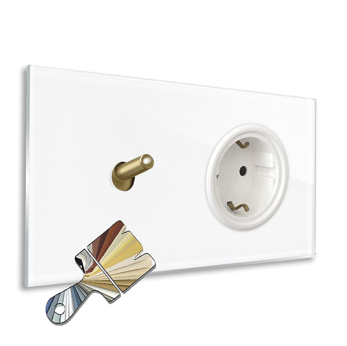 ROHDE+ROHDE YORK illuminated light switch, 2 brass toggles, glass-effect. 1 Schuko socket. Horizontal. Made with Farrow Ball colour.