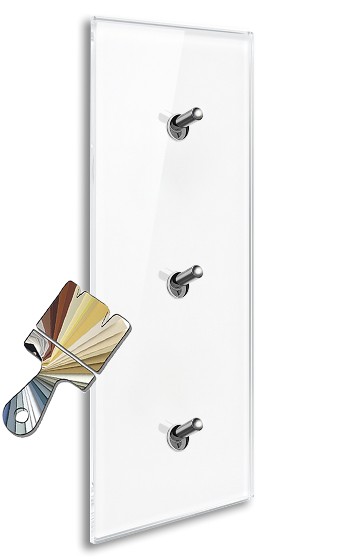 Modern illuminated design light switch in Farrow & Ball colour glass optic with 3 chrome toggle levers. YORK