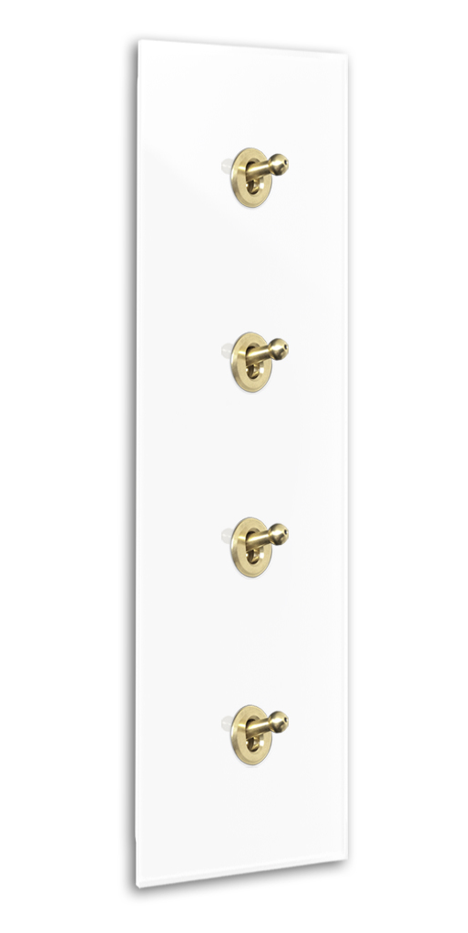 Modern design light switch in white glass optic with 4 brass toggle levers. Cambridge