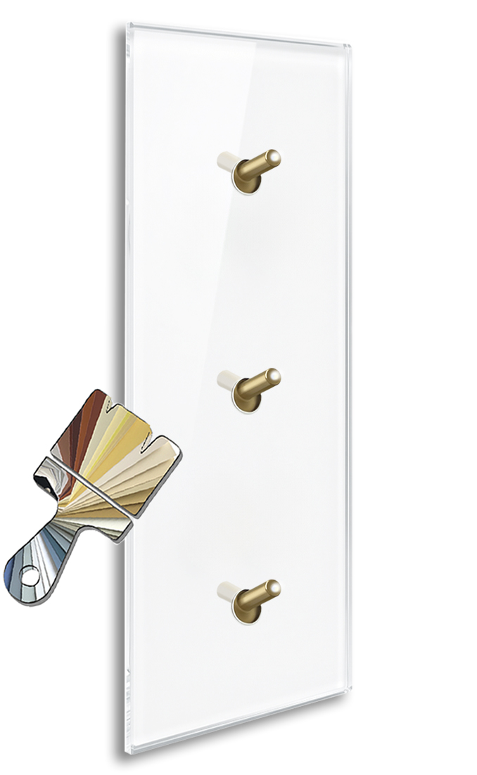 ROHDE+ROHDE YORK illuminated light switch, 3 brass toggles, glass-effect, vertical. Made with Farrow Ball colour.
