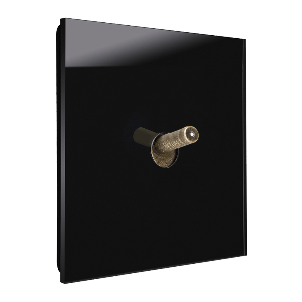 Lichtschalter schwarz 1-fach Bronze-Kipphebel beleuchtet. Moderne Glas-Optik YORK