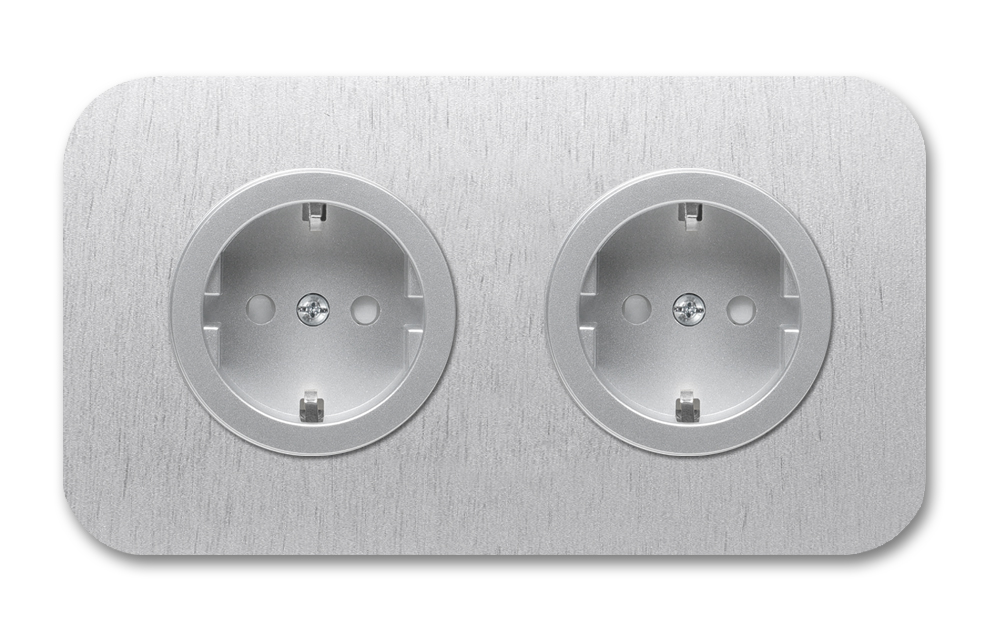 Rounded Socket in Silver Aluminium, 2-Gang. Cube Series