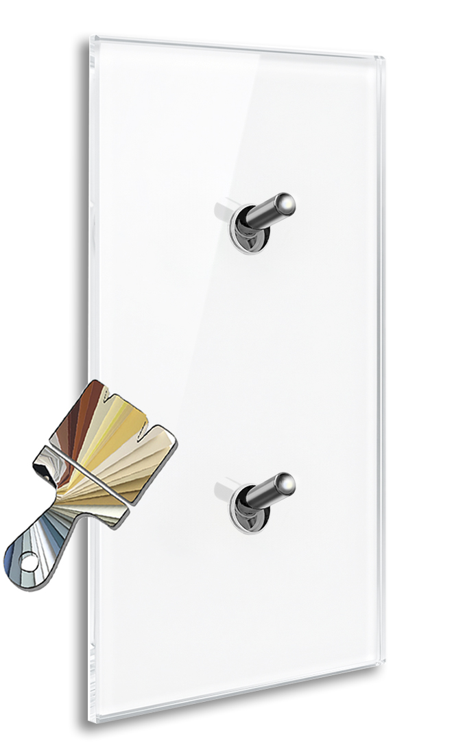 Modern illuminated design light switch in Farrow & Ball colour glass optic vertical with 2 chrome toggle levers. YORK
