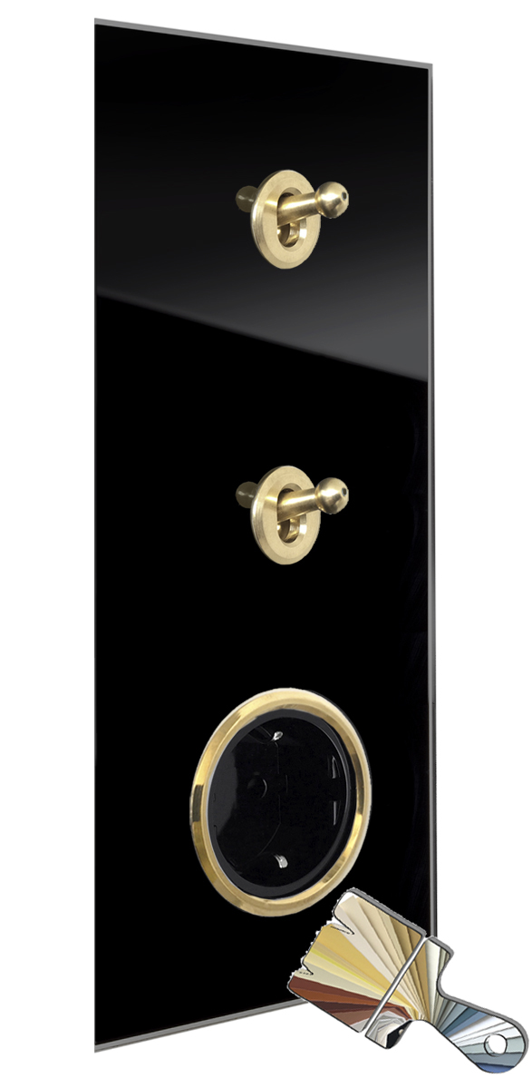 2 Retroschalter, 1 schwarze Steckdose. Farrow Ball. Gold