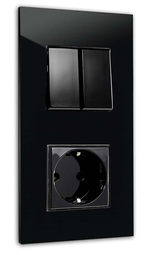 Combination 2 switches + 1 socket outlet. Glass look, black. For 2 wall sockets. MAXIM