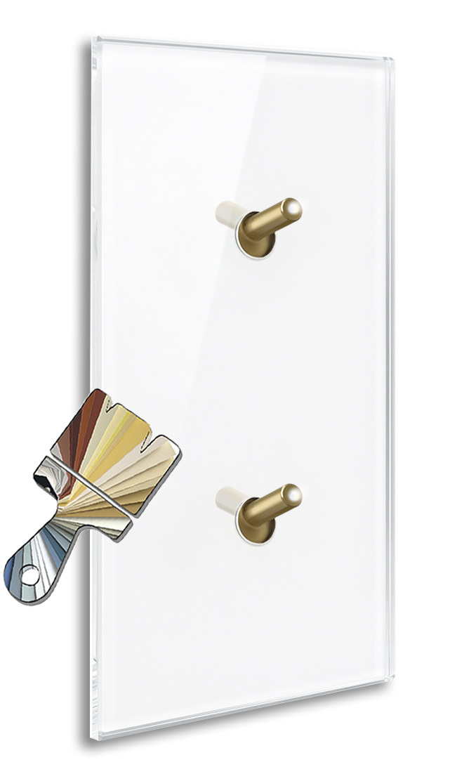 ROHDE+ROHDE YORK illuminated light switch, 2 brass toggles, glass-effect, vertical. Made with Farrow Ball colour.