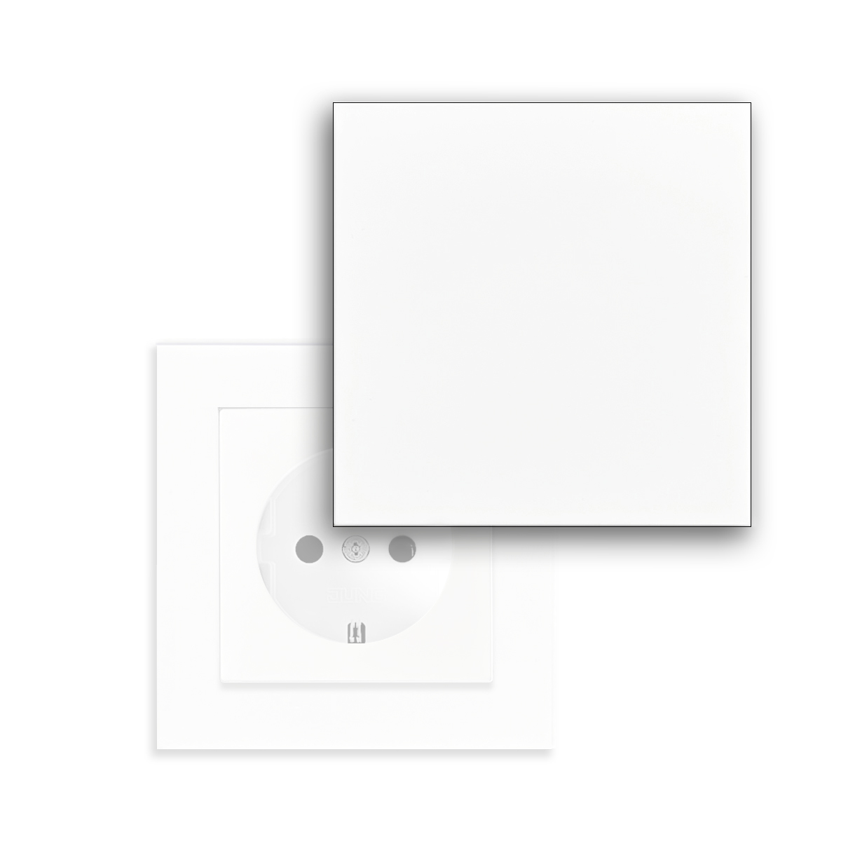 Nachrüst-Set PURIST für vorhandene 1-fach Steckdose Typ JUNG A 550 Alpinweiß. Läßt Steckdosen verschwinden