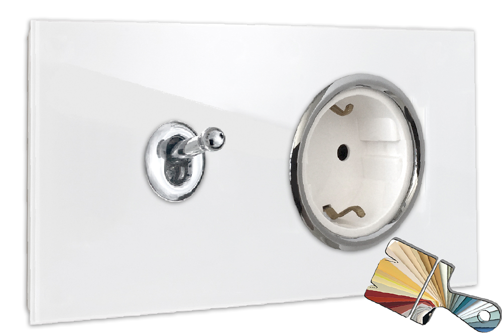 Chrome light switch and white socket, horizontal. Farrow Ball colour