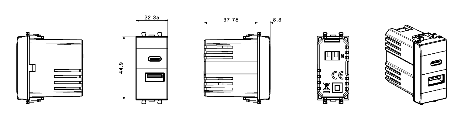 USB charger. USB-A and USB-C connection. White glossy.
