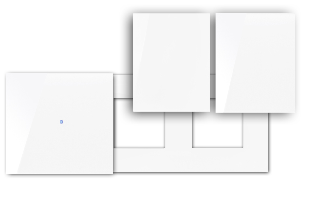 Touch-Blende NOVA - Glas-Optik 1-fach mit 2 Ausschnitten und Abdeckungen waagerecht in Weiß.