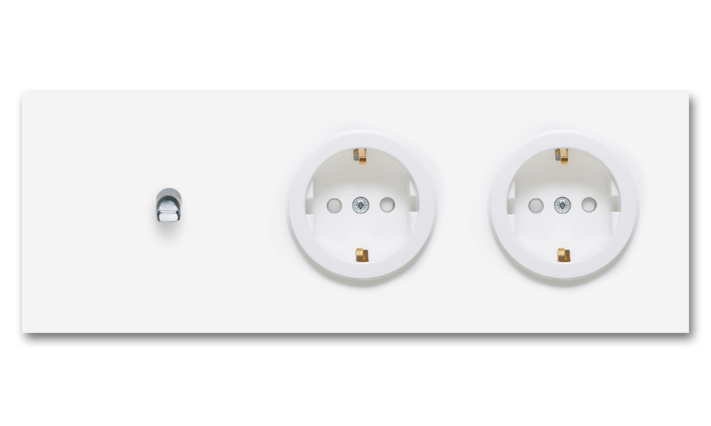 Toggle switch metal matte white chrome 1 gang + 2 socket horizontal 2 way. Square Series